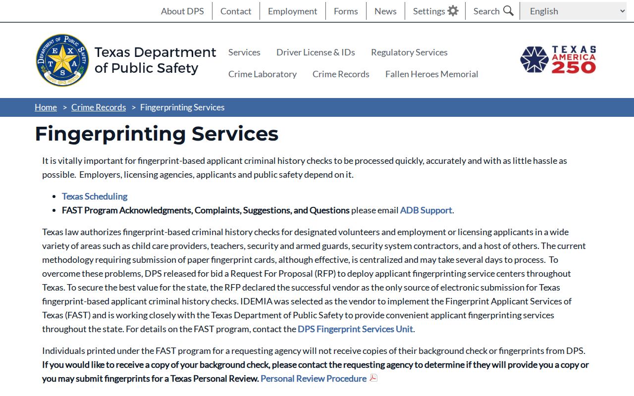 Brown County criminal history DPS fingerprint services