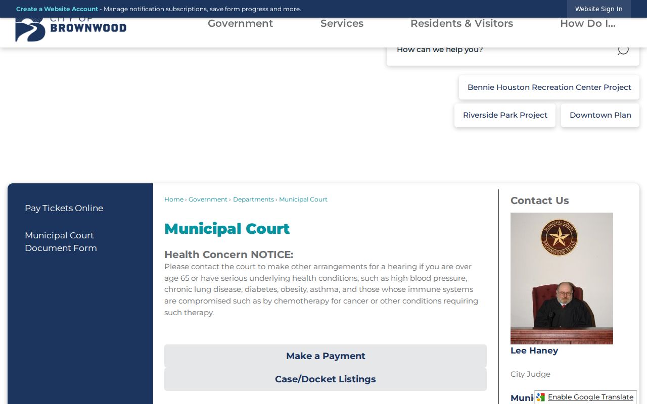 Brownwood Municipal Court criminal record and docket page